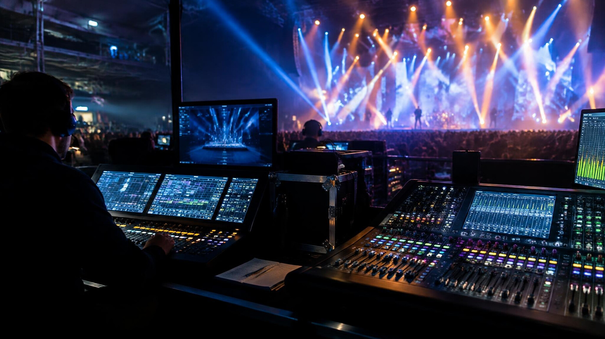 Production control desk with lighting and sound mixing consoles during a live show