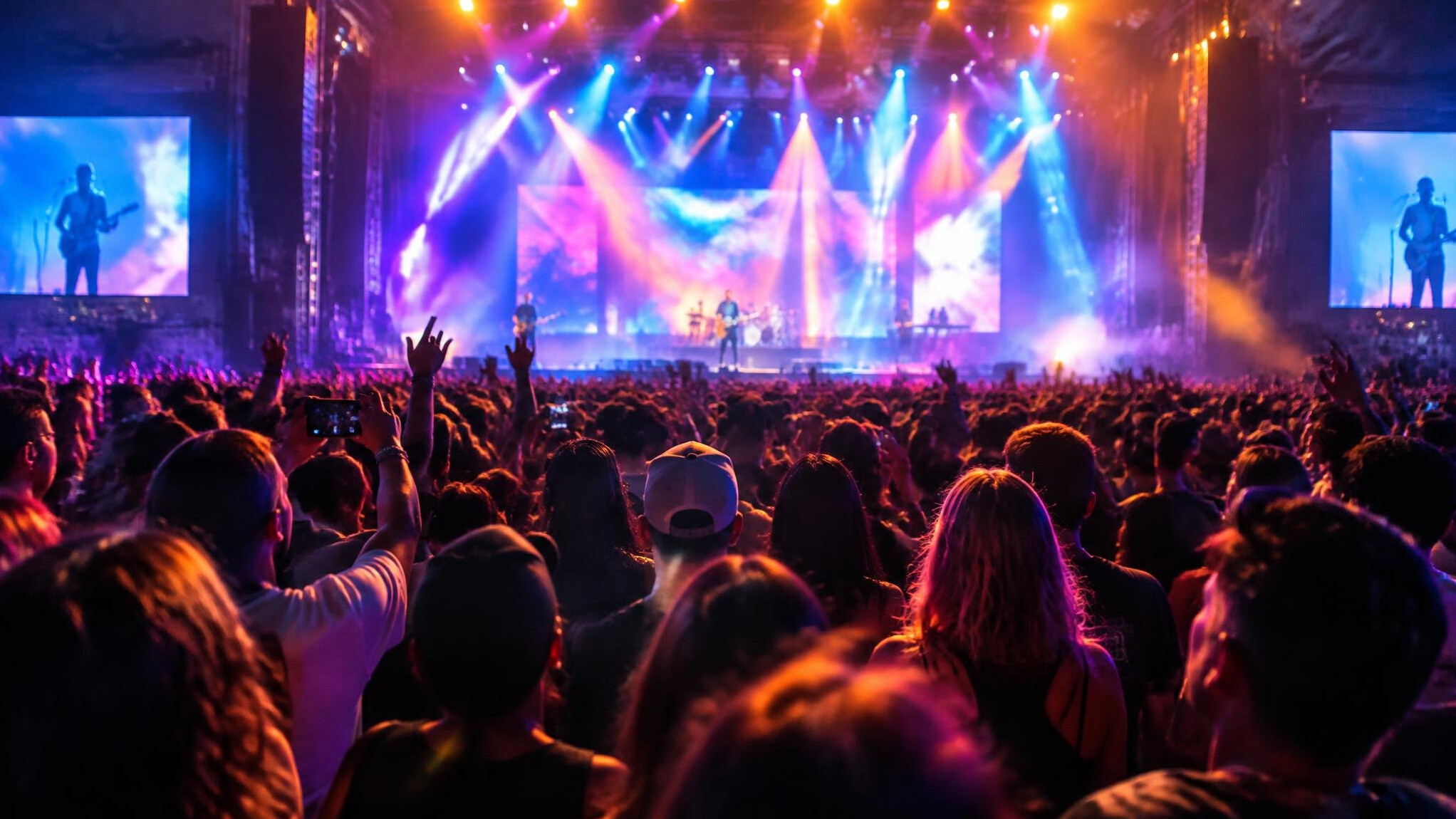 Wide shot of a concert crowd and stage during a live entertainment show