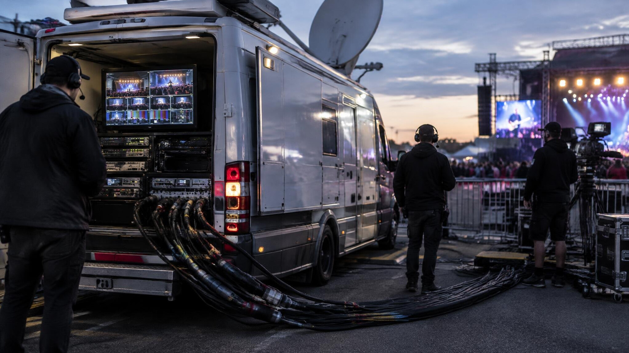 Outside broadcast van with cables connected during a live event