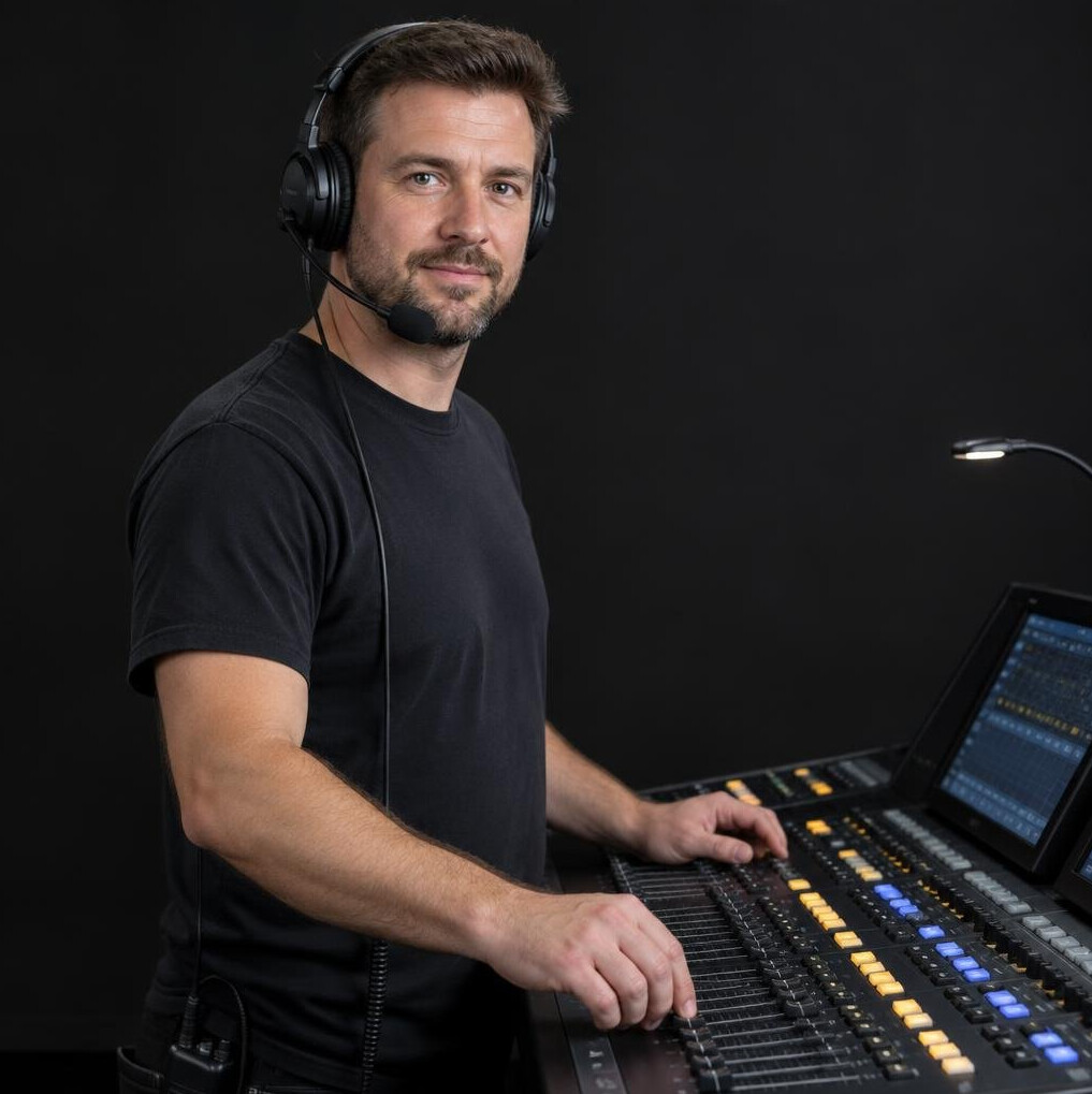 British production technician wearing a headset adjusting a lighting board