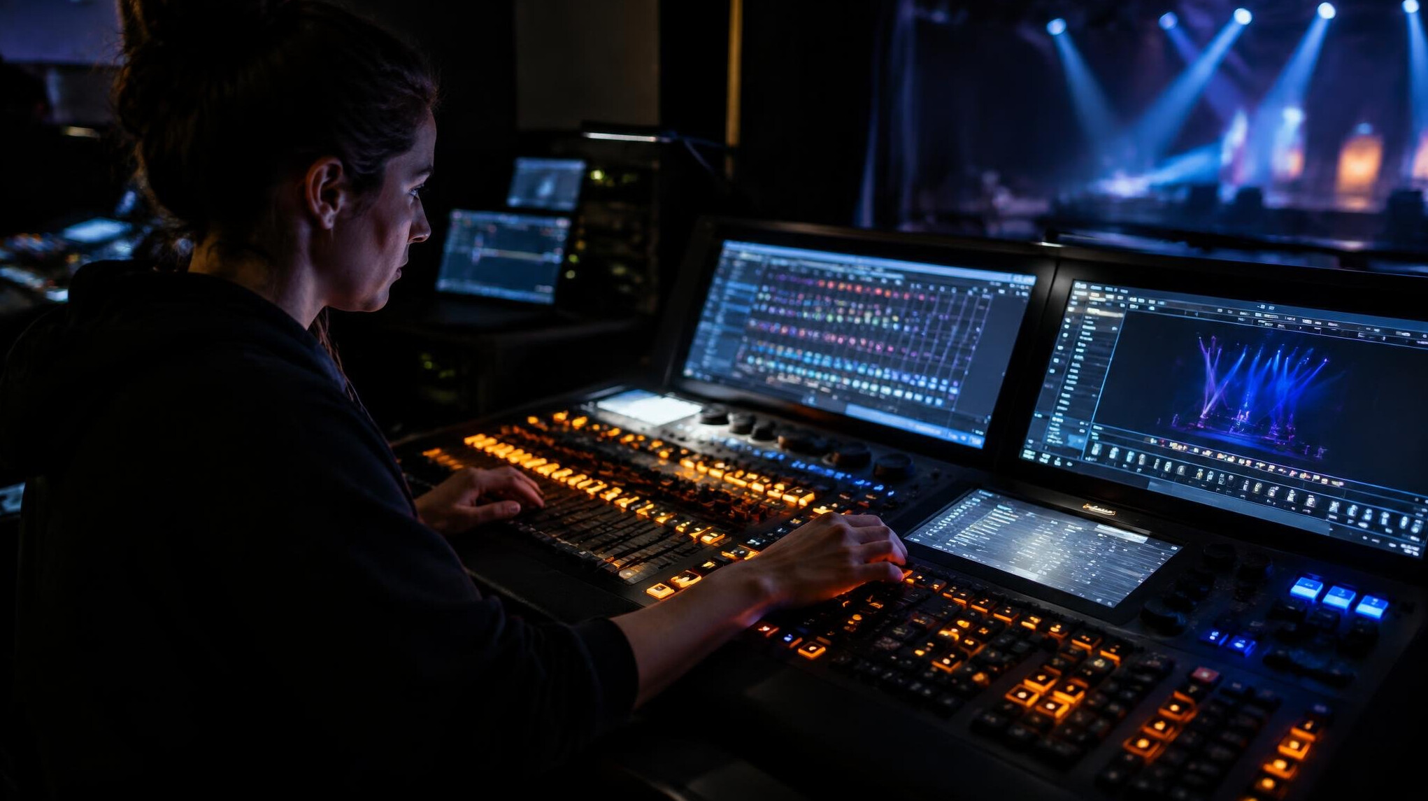 Lighting designer programming a sequence on a lighting console