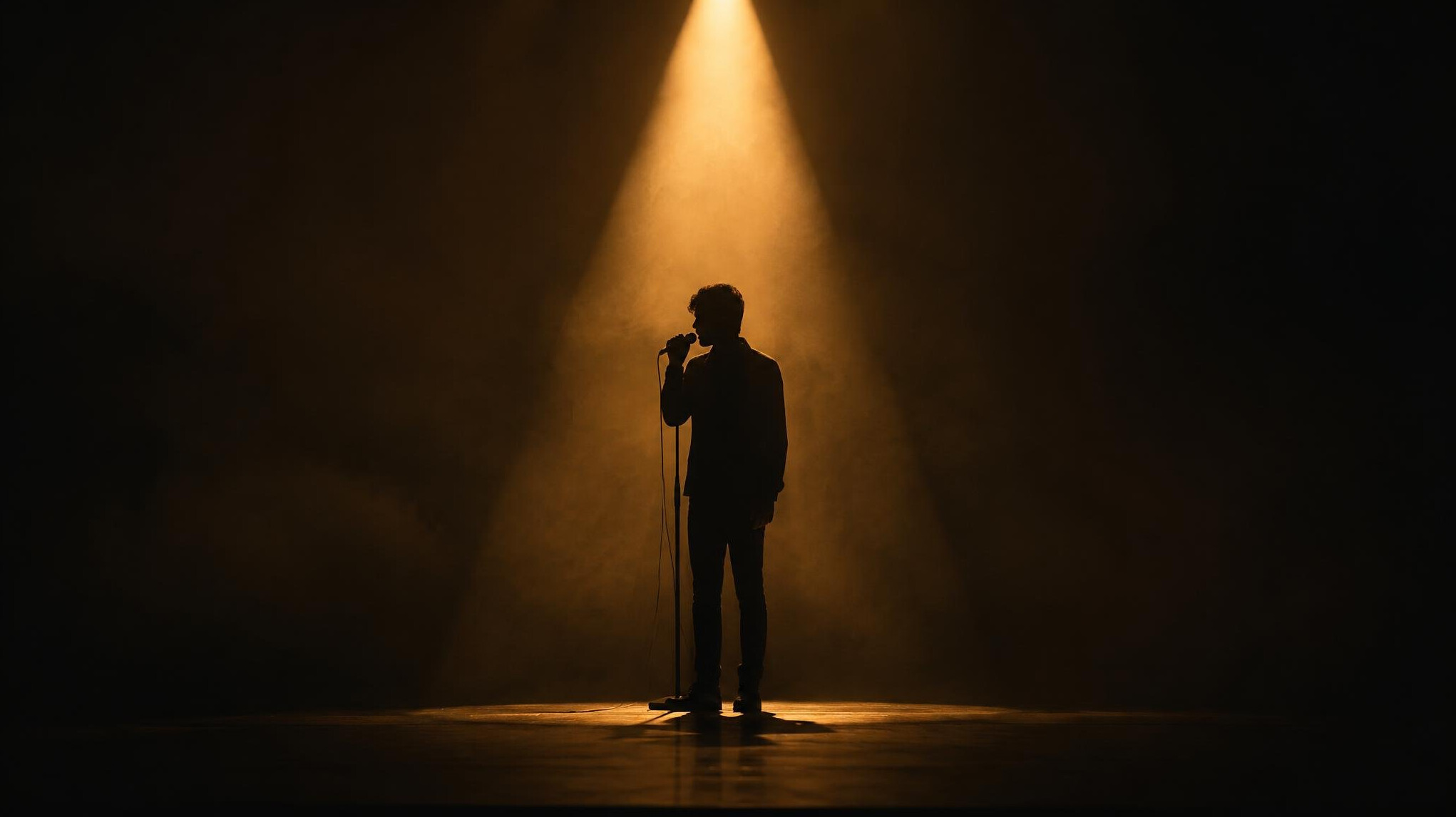 Silhouette of a performer on stage under a single amber spotlight
