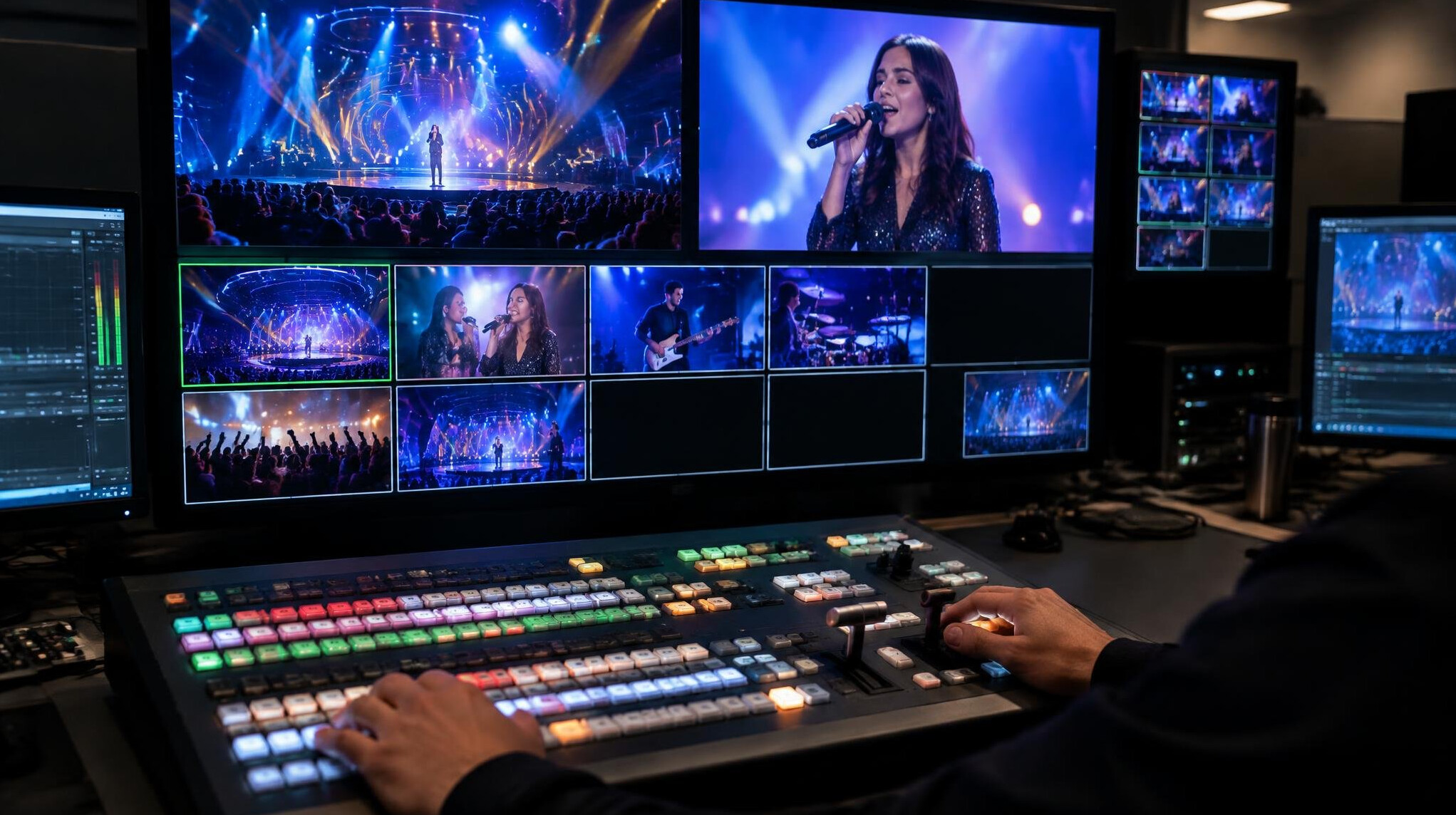 Broadcast vision mixing desk with multiple camera preview screens