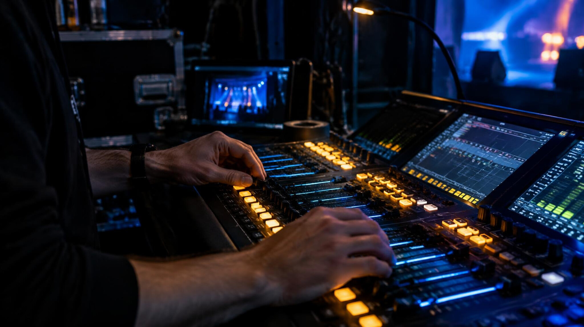 Sound and lighting engineer working at a dark backstage control panel